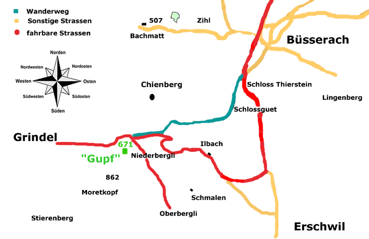 Kartenausschnitt mit dem Weg von Erschwil zum Gupf beim Niderbergli